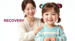 독감 치료 후 회복 중인 아이와 보호자의 평온한 모습
